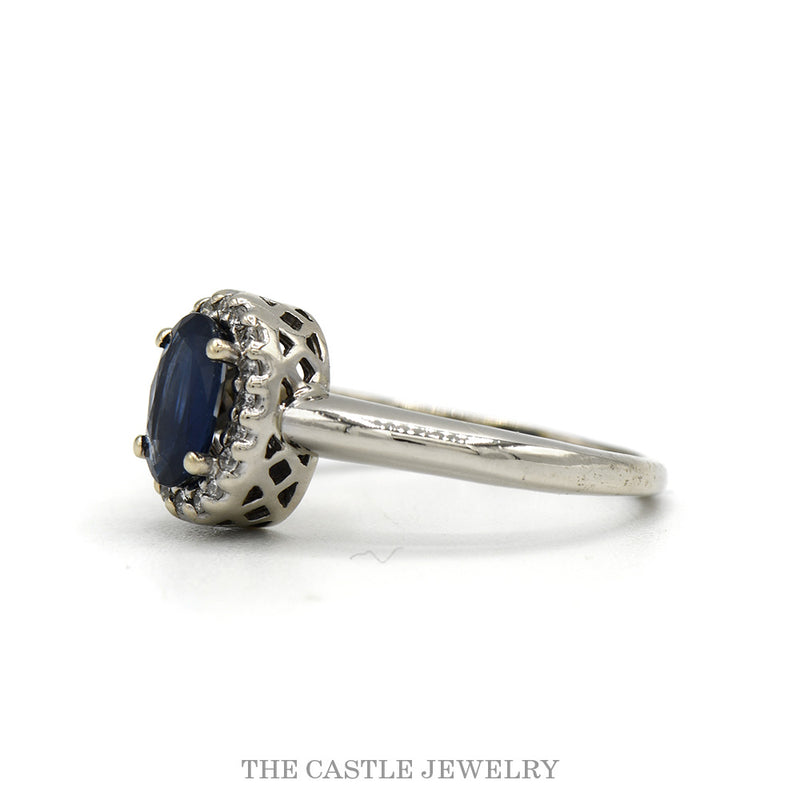 Side profile of the 10k white gold sapphire halo ring