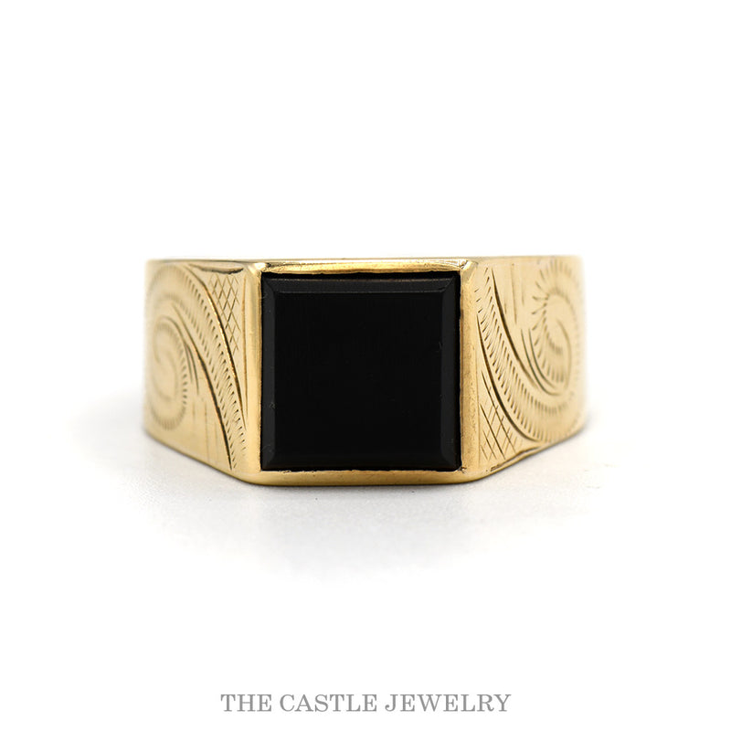 10k yellow gold men's square black onyx signet ring — top view