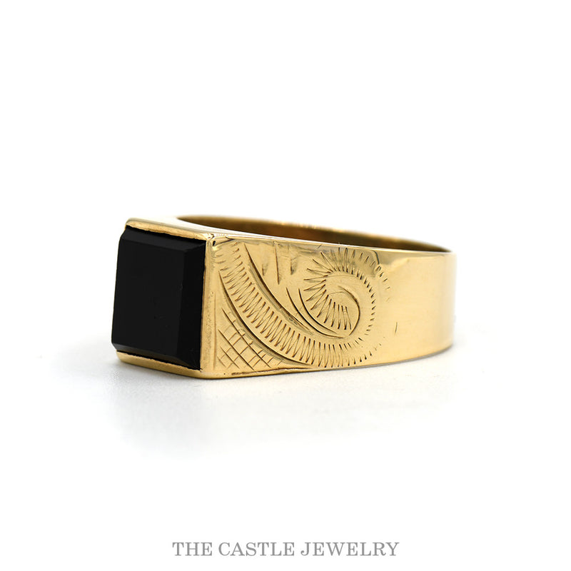 Side profile of the 10k yellow gold engraved onyx ring