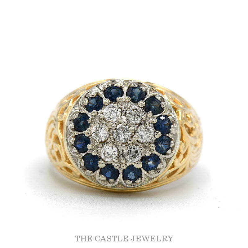 14k yellow gold sapphire and diamond Kentucky cluster ring — top view