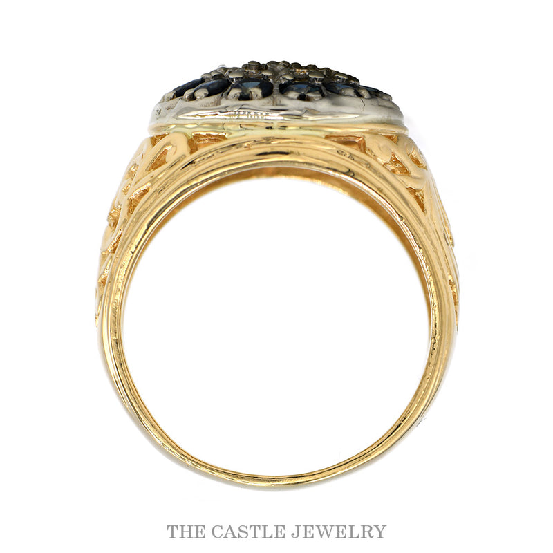 Front-facing view of the sapphire and diamond Kentucky cluster ring in 14k yellow gold