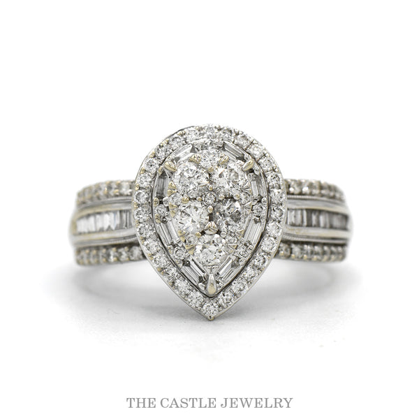 14k white gold pear shaped diamond cluster halo ring — top view