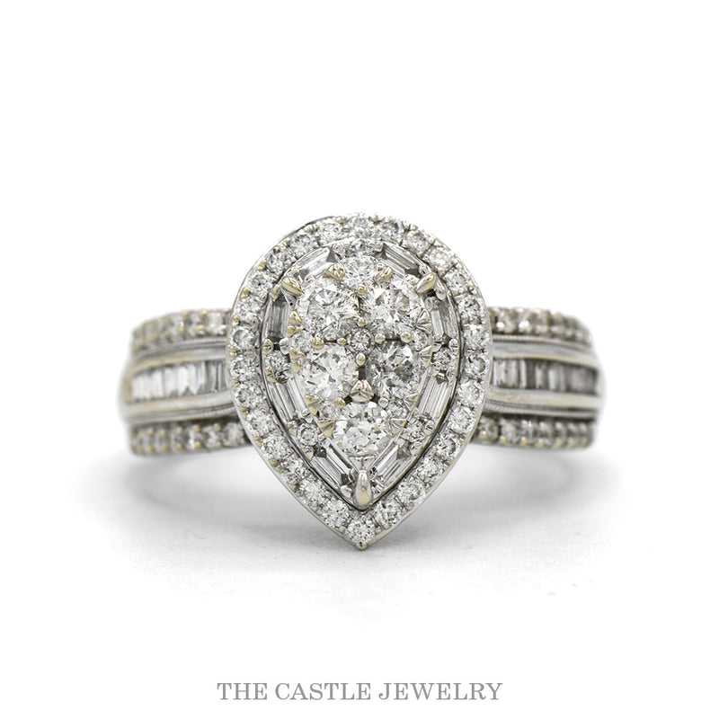 14k white gold pear shaped diamond cluster halo ring — top view