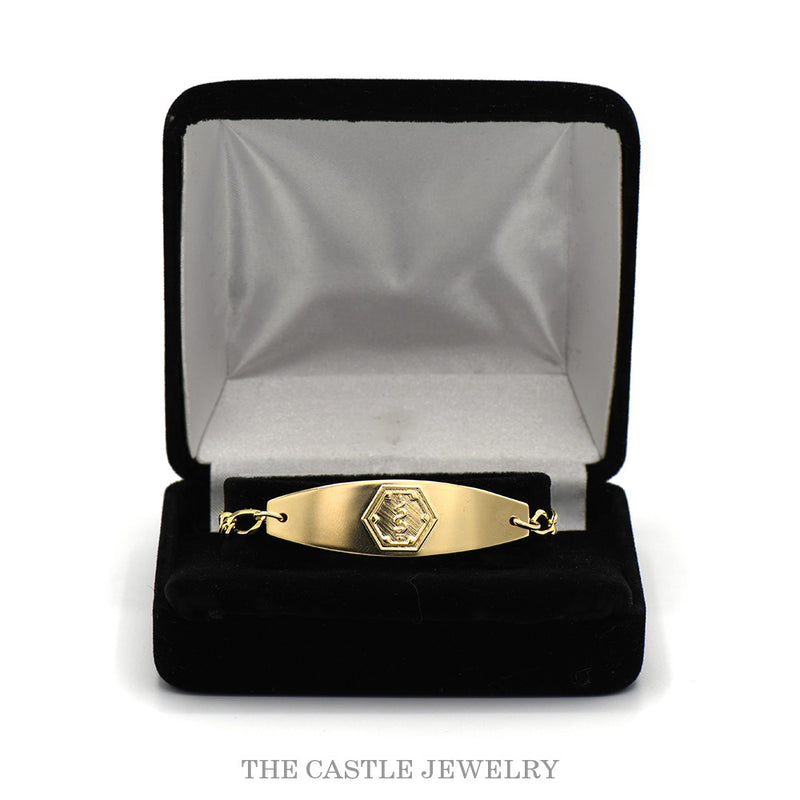 8.5 inch medical ID bracelet with figaro link chain in 14k yellow gold — in presentation box