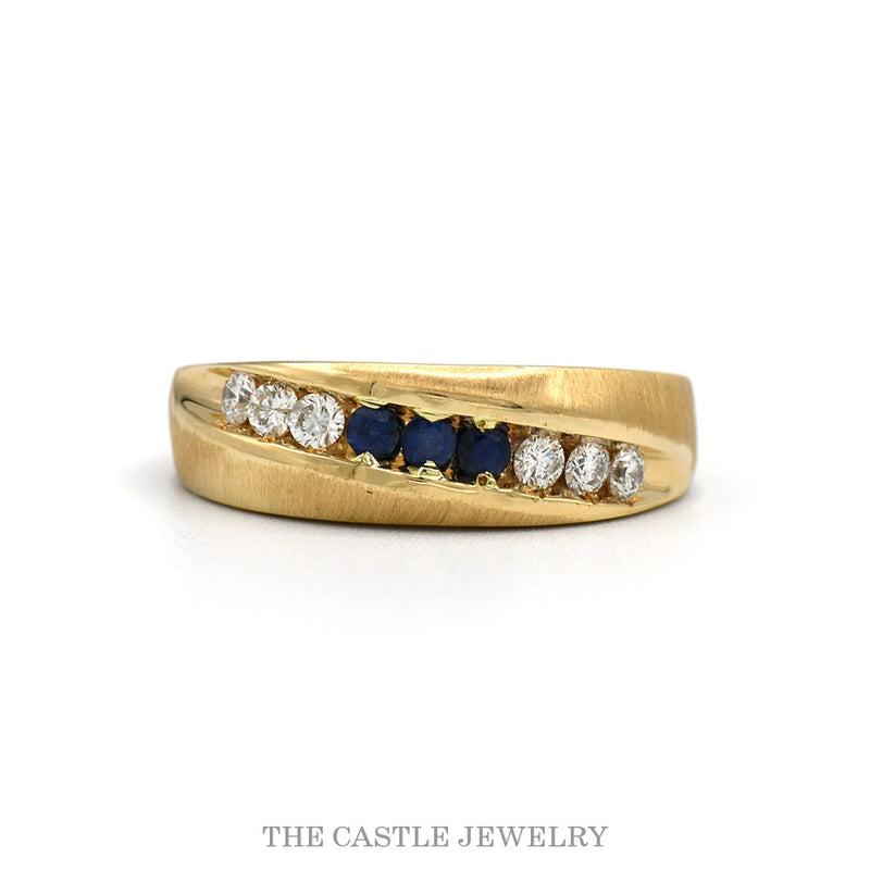 14k yellow gold band with sapphires and diamonds nick set on the diagonal — top view