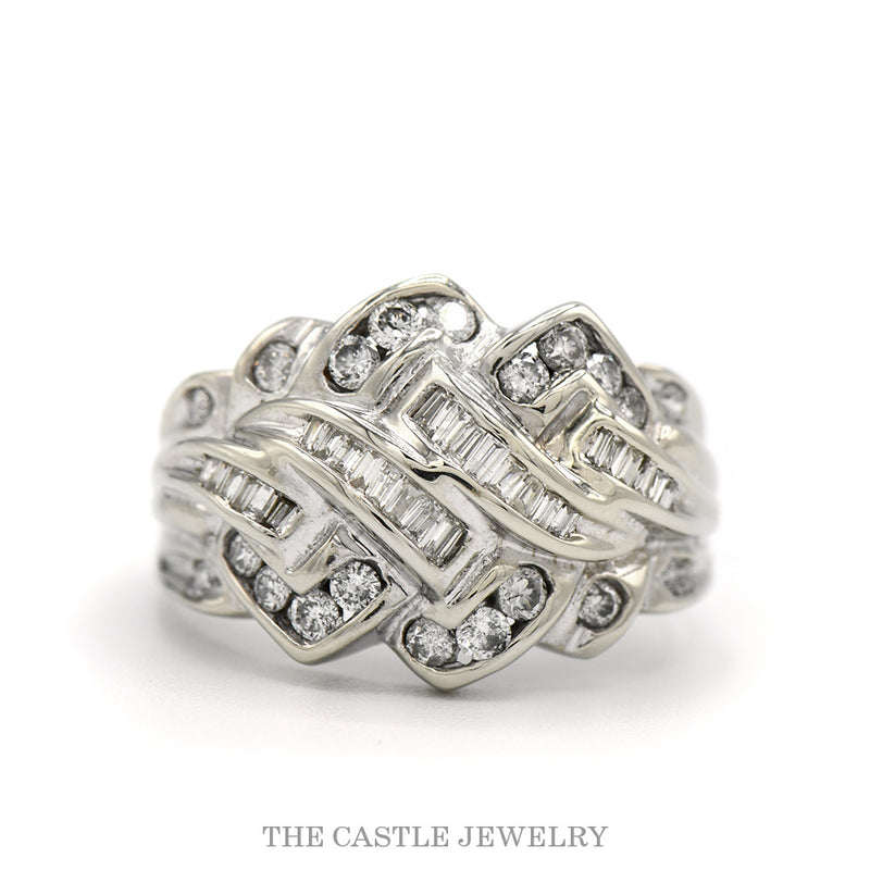 10k white gold round and baguette diamond multi row bypass band — top view