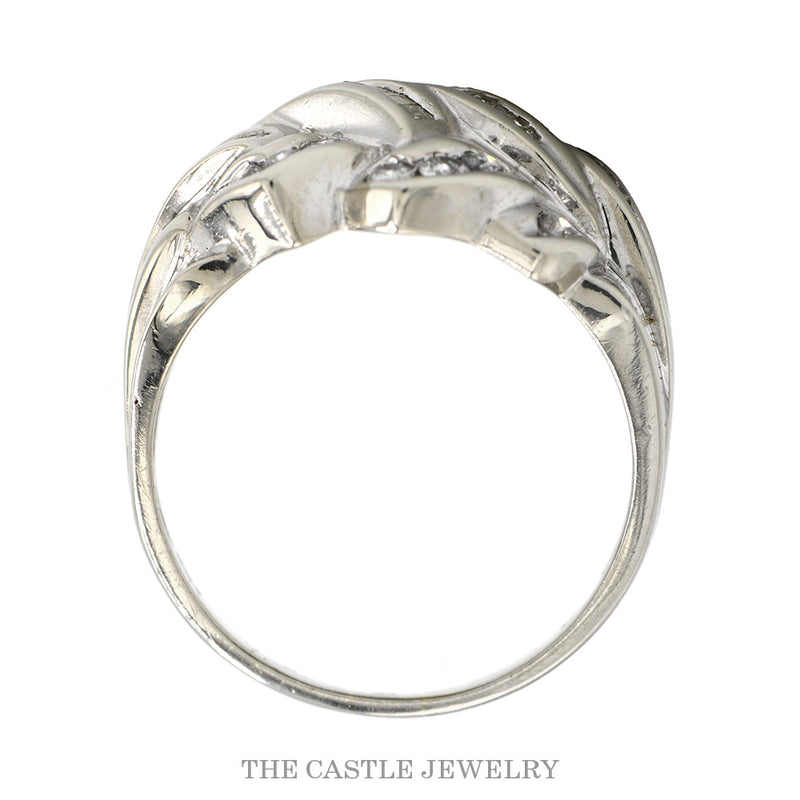 Front-facing view of the woven round and baguette diamond band in 10k white gold