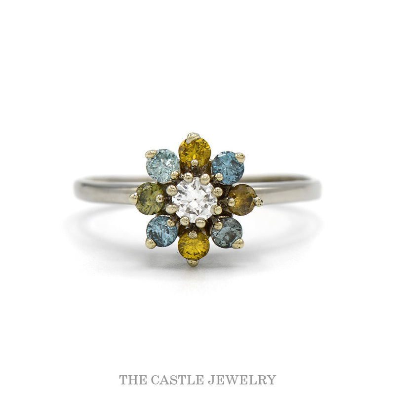 14k white gold blue, yellow and white diamond flower cluster ring — top view