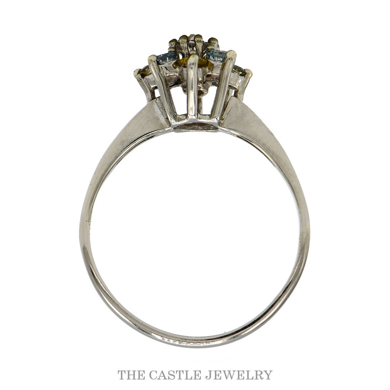 Front-facing view of the blue and yellow diamond flower cluster ring in 14k white gold