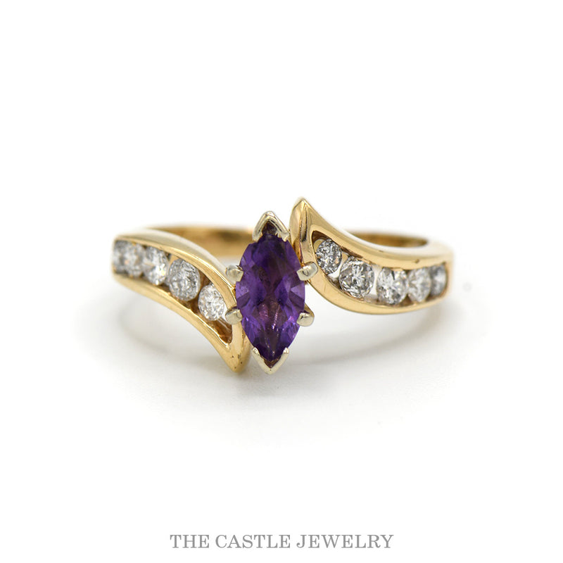 Marquise amethyst bypass ring with .50cttw channel-set diamonds in 10k yellow gold — top view