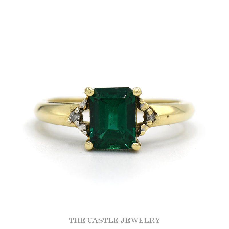 10k yellow gold emerald-cut emerald ring with diamond accents — top view