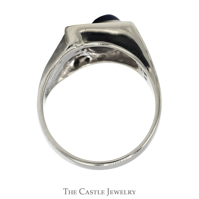 Oval Lindy Star Sapphire Ring with Diamond Accents in 14k White Gold Textured Geometric Mounting