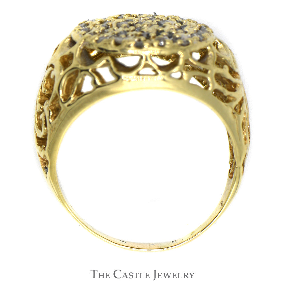 3/4cttw Diamond Kentucky Cluster Ring in 10k Yellow Gold with Open Filigree Sides