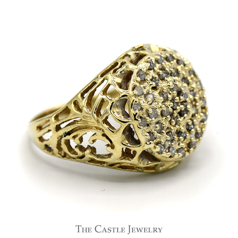 3/4cttw Diamond Kentucky Cluster Ring in 10k Yellow Gold with Open Filigree Sides