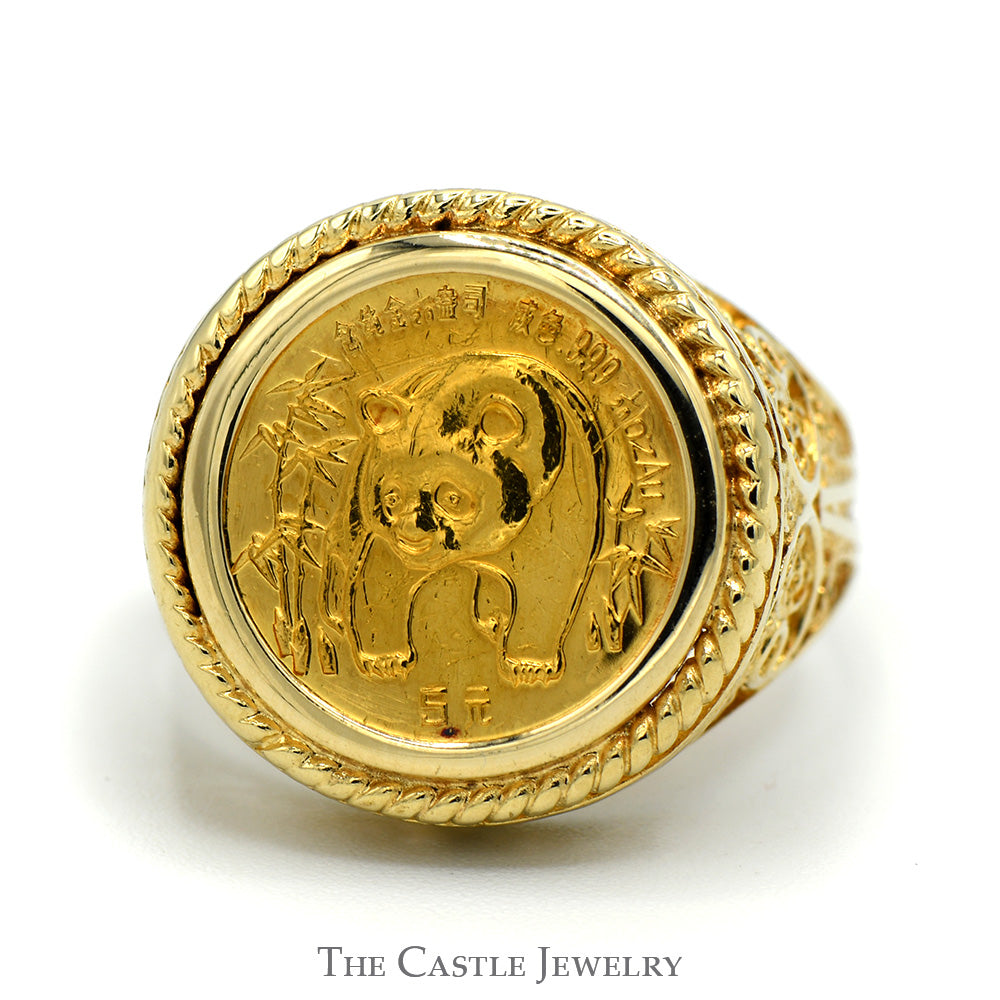 1986 Panda Gold Coin Ring in 14k Yellow Gold Open Filigree Mount The Castle Jewelry