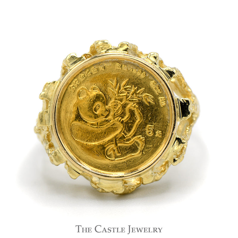 24K 1984 Panda Gold Coin Ring in 14k Yellow Gold Open Branch Designed Mounting