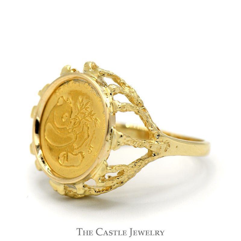 24K 1984 Panda Gold Coin Ring in 14k Yellow Gold Open Branch Designed Mounting
