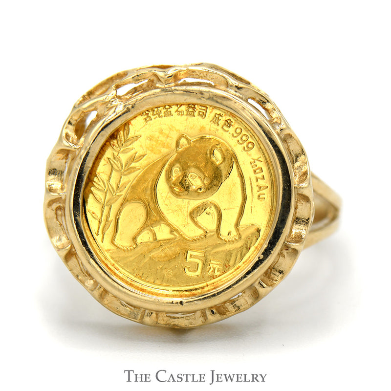 24K Gold 1990 Panda Coin Ring in 10k Yellow Gold Scalloped Designed Bezel Mount