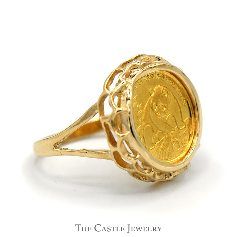 24K Gold 1990 Panda Coin Ring in 10k Yellow Gold Scalloped Designed Bezel Mount