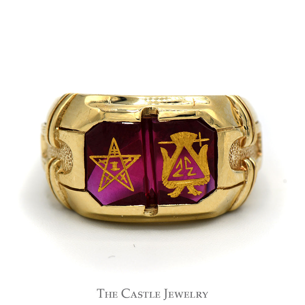 Men's Double Red Stone Masonic Ring in 10k Yellow Gold Size