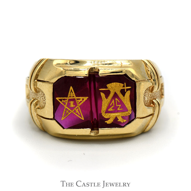 Men's Double Red Stone Masonic Ring in 10k Yellow Gold - Size 9.75