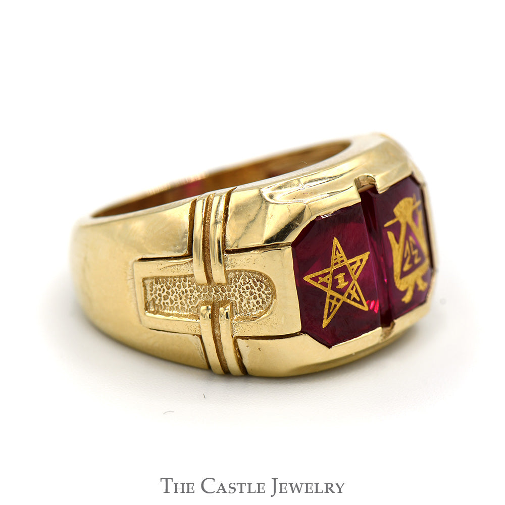 Men's Double Red Stone Masonic Ring in 10k Yellow Gold - Size 9.75