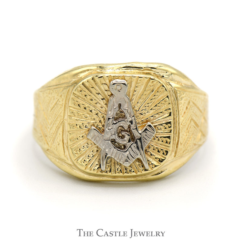 Two Tone Square & Compass Masonic Ring in 10k White and Yellow Gold