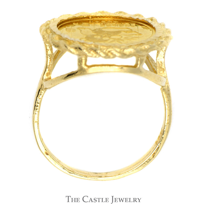 24K Gold 1989 Panda Coin Ring in 14k Yellow Gold Rope Designed Bezel Mount