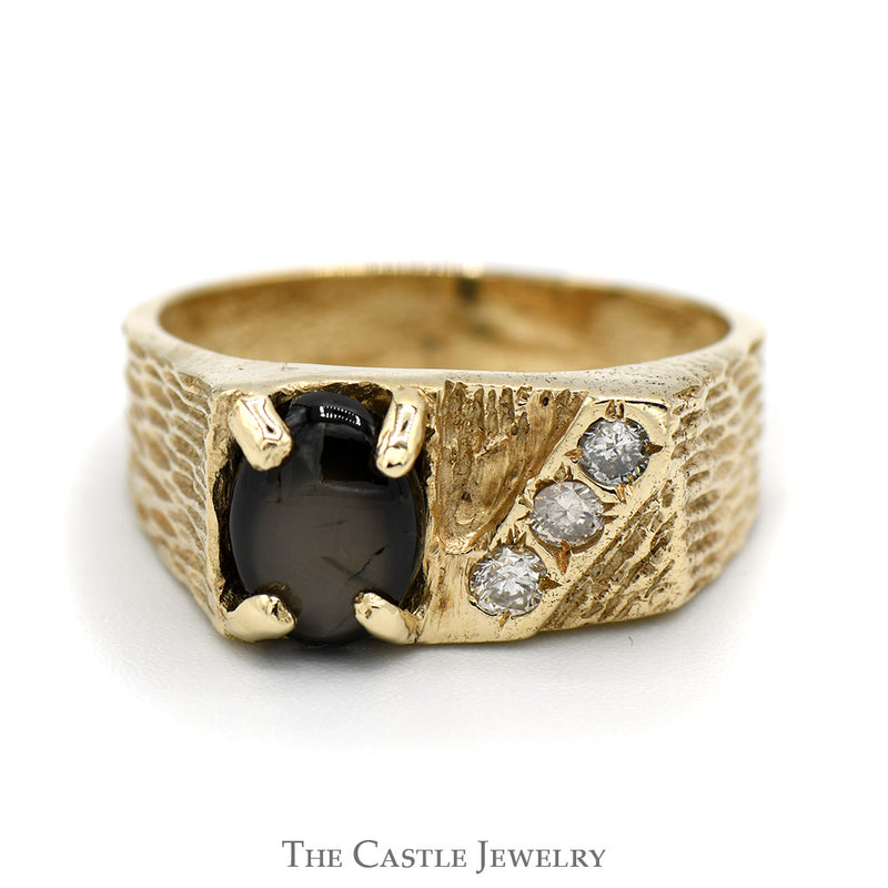 Cabochon Black Star Sapphire with Diamond Accents in 10k Yellow Gold Bark Designed Mounting