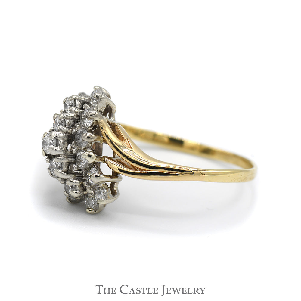 3/4cttw Diamond Waterfall Cluster Ring with Split Shank Sides in 10k Yellow Gold