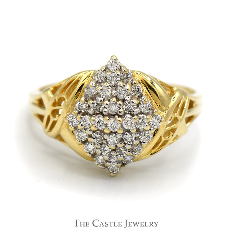 Marquise Shaped 1/2cttw Diamond Cluster Ring with Open X Designed Sides in 14k Yellow Gold