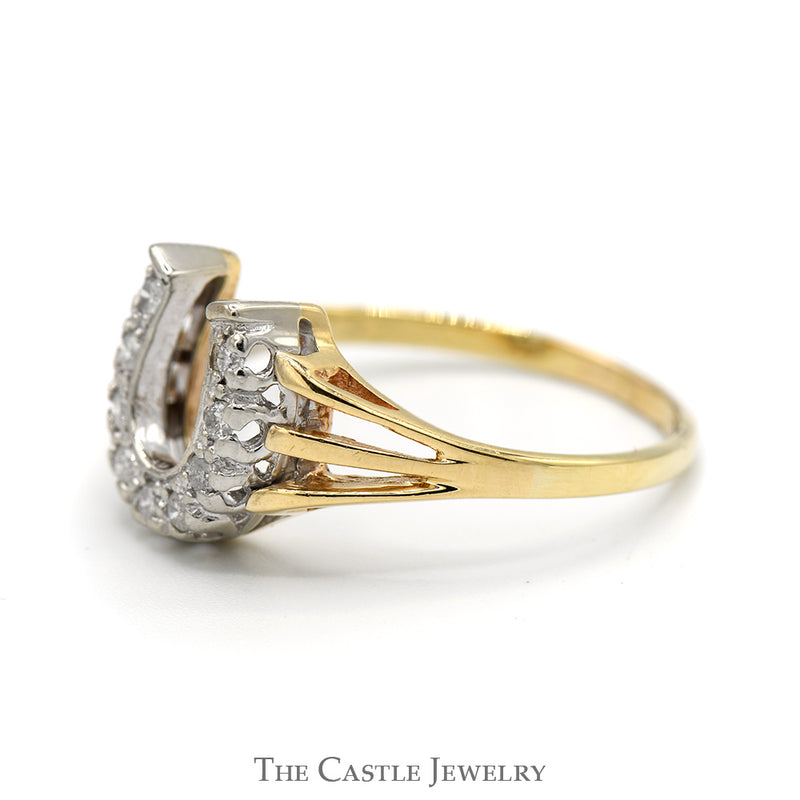 1/4cttw Diamond Horseshoe Ring in 10k Yellow Gold Triple Split Shank Mounting