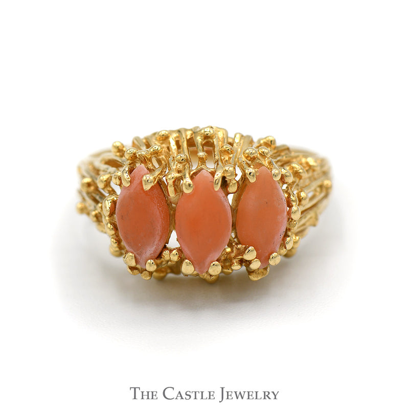 Marquise Shaped Triple Coral Ring with Open Nugget Style Setting in 14k Yellow Gold