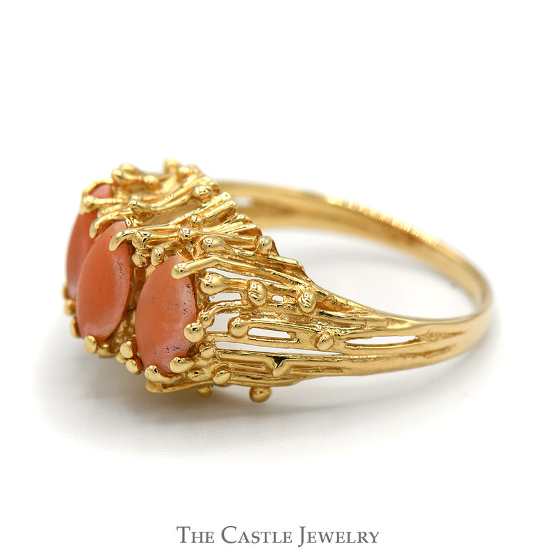 Marquise Shaped Triple Coral Ring with Open Nugget Style Setting in 14k Yellow Gold