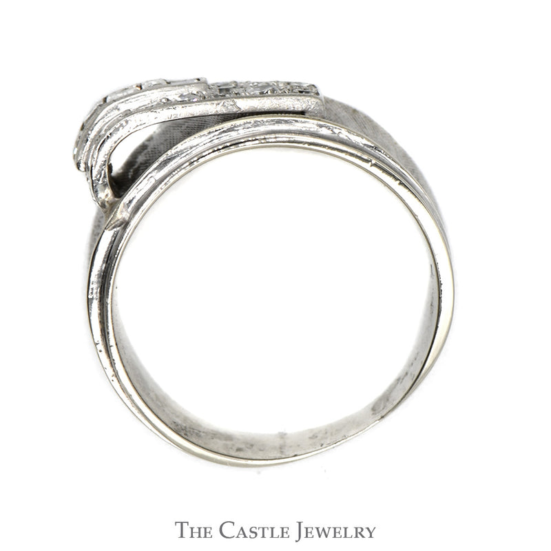 3/4cttw Baguette & Round Diamond Cluster Buckle Designed Ring in 14k White Gold Brushed Textured Band