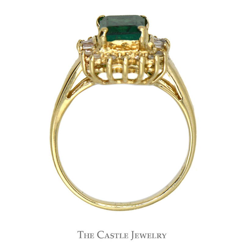 Emerald Cut Emerald Ring with Round and Baguette Diamond Halo in 14k Yellow Gold