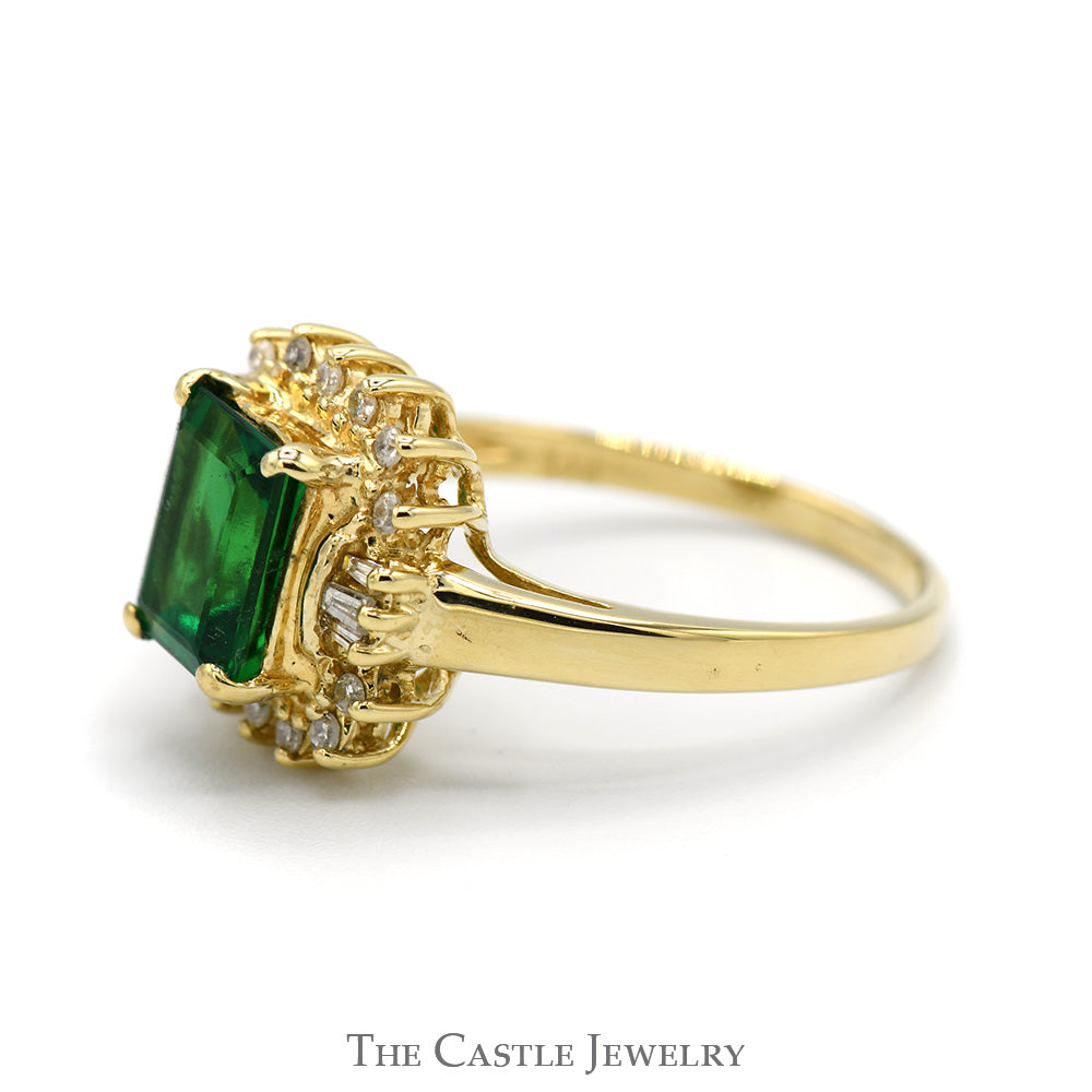 Emerald Cut Emerald Ring with Round and Baguette Diamond Halo in 14k Yellow Gold