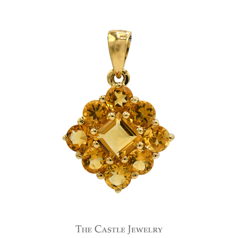 Square and Round Cut Citrine Cluster Pendant in 10k Yellow Gold