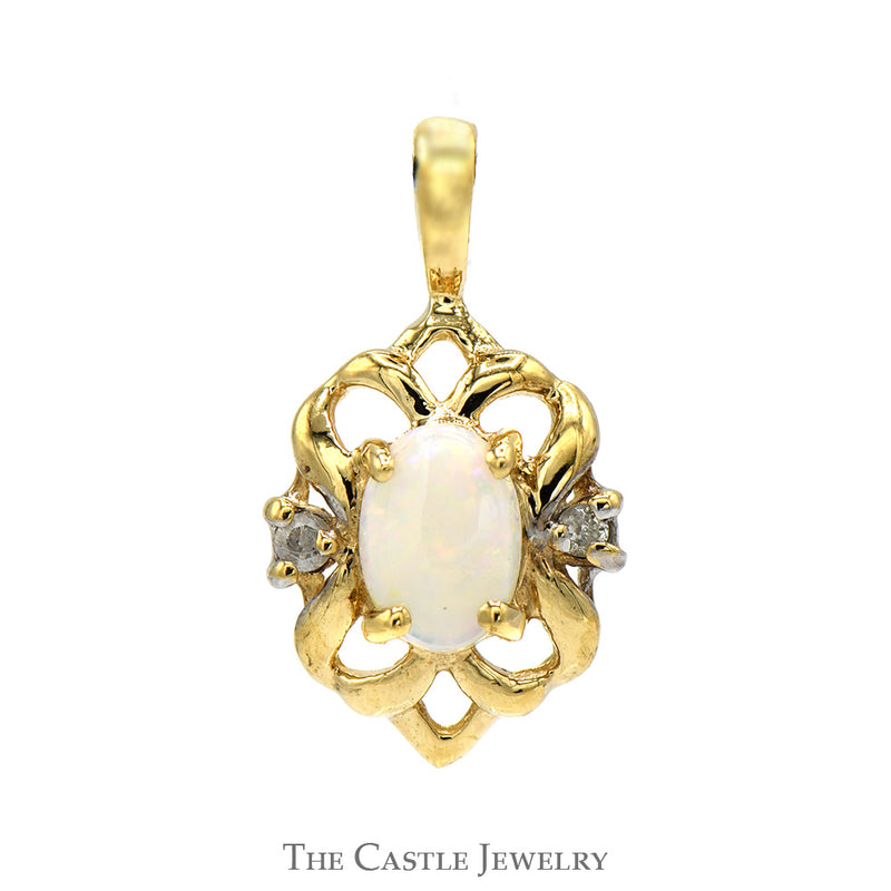 Oval Opal Pendant in 10k Yellow Gold Open Scroll Bezel with Diamond Accents