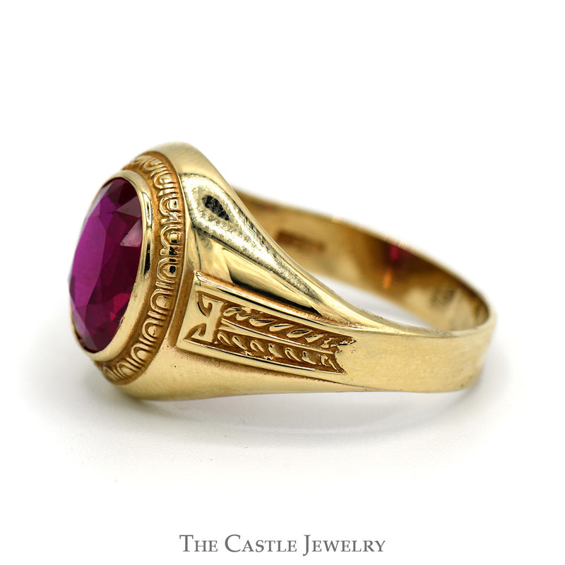 Oval Synthetic Ruby Men's Ring with Ornate Bezel and Sides in 10k Yellow Gold