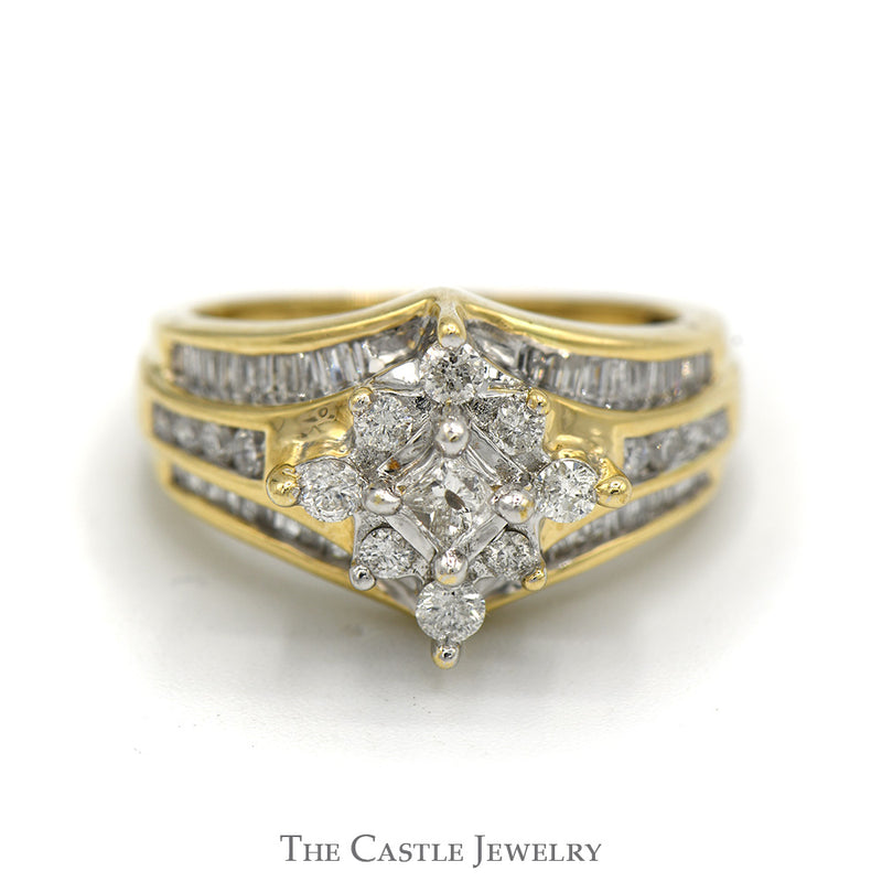 Princess Cut Diamond Ring with Round and Baguette Accented Mounting