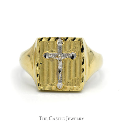 Two Tone Crucifix Signet Ring with Diamond Cut Texture in 10k Yellow & White Gold