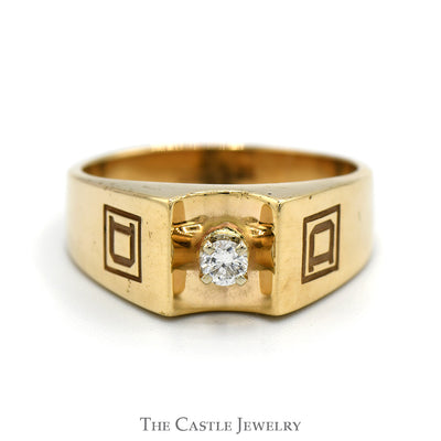 Round Diamond Solitaire Men's Ring with "D" Designed Sides in 10k Yellow Gold