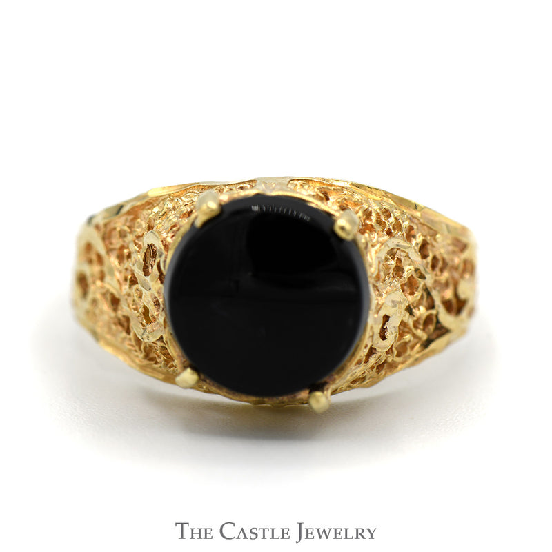 Round Black Onyx Solitaire Ring with Ornate Open Filigree Sides in 10k Yellow Gold