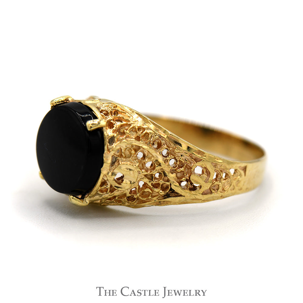 Round Black Onyx Solitaire Ring with Ornate Open Filigree Sides in 10k Yellow Gold