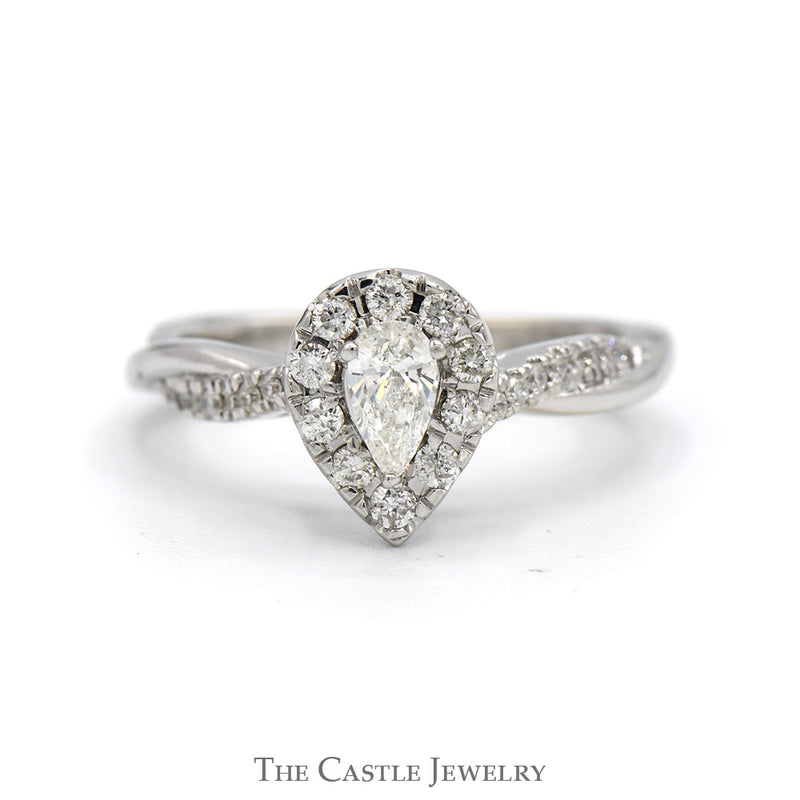 1/2cttw Pear Cut Diamond Engagement Ring with Diamond Halo and Accented Sides in 10k White Gold