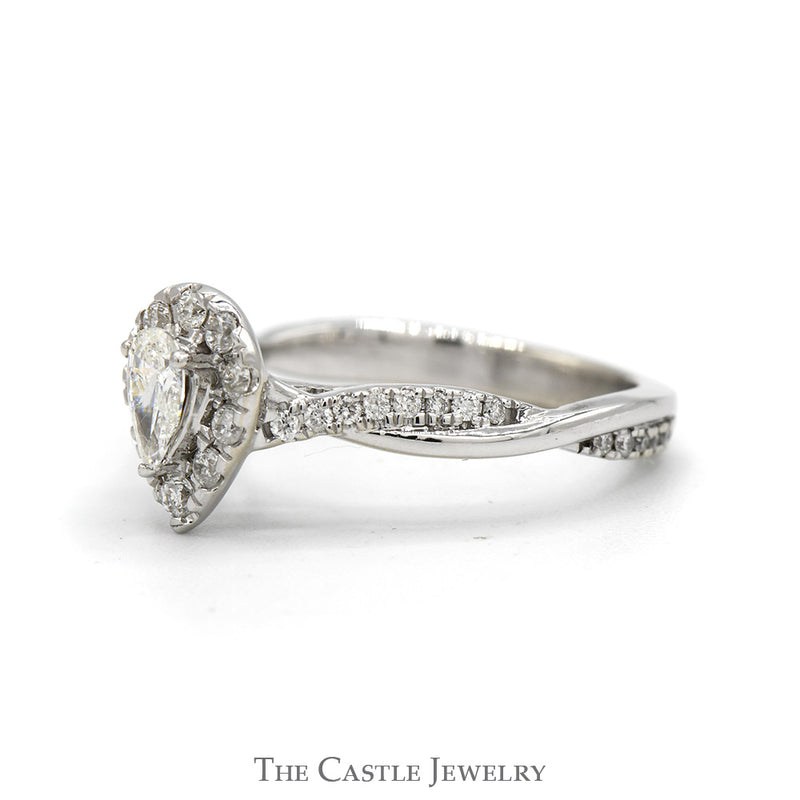 1/2cttw Pear Cut Diamond Engagement Ring with Diamond Halo and Accented Sides in 10k White Gold