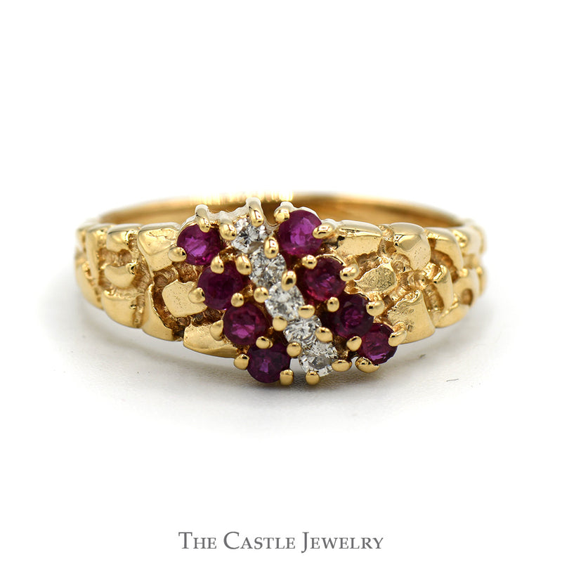 Round Ruby & Diamond Cluster Ring with Nugget Style Mounting in 14k Yellow Gold