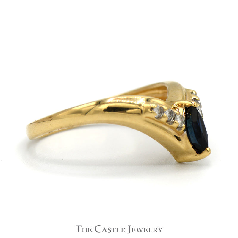 Marquise Cut Sapphire Ring with Diamond Accents in 14k Yellow Gold "V" Shaped Setting