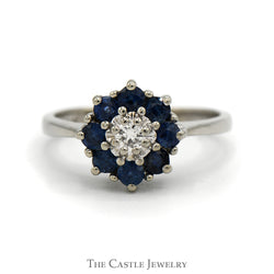 Round .10ct Diamond Ring with Sapphire Halo in 14k White Gold